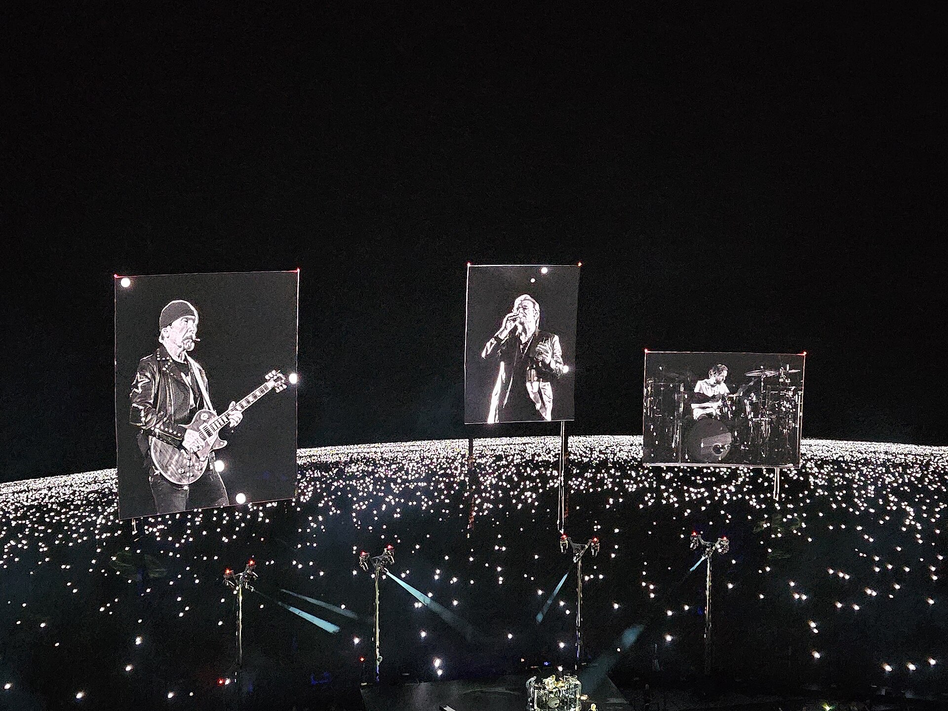Irish rock band U2 performing at Sphere in Paradise, Nevada in the Las Vegas Valley on Oct 13, 2023 as part of their concert residency U2:UV Achtung Baby Live at Sphere.